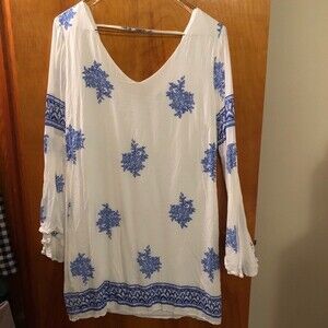 White Blue Bell Sleeve Toile Mini Dress Pattern Boutique Long Sleeve Pink Owl